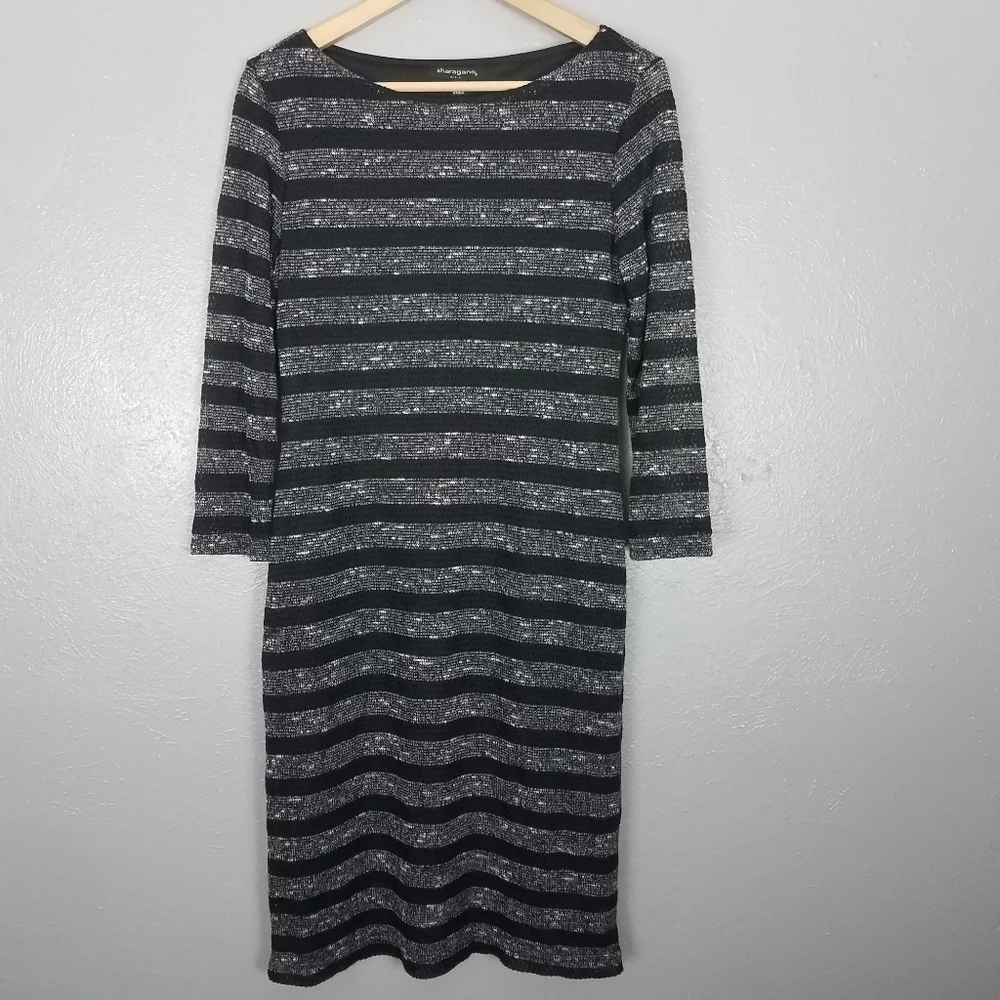 Sharagano Size 10 Black Gray Fully Lined Swester Knit Knee Length Dress EUC